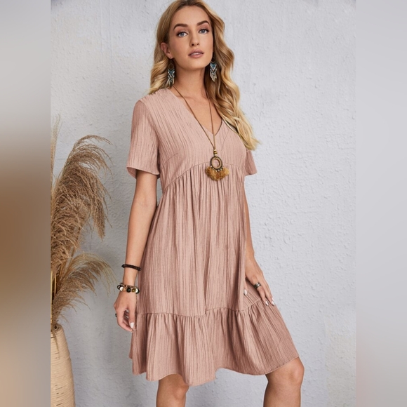 Full Size V-Neck Short Sleeve Midi Dress - Picture 2 of 5